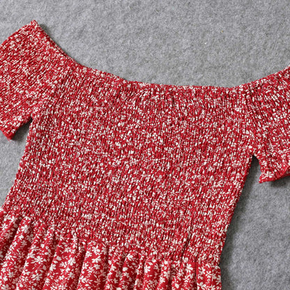 All Over Red Floral Print Off Shoulder Short-sleeve Shirred Dress for Mom and Me - 20366978