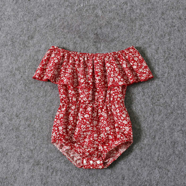 All Over Red Floral Print Off Shoulder Short-sleeve Shirred Dress for Mom and Me - 20366978