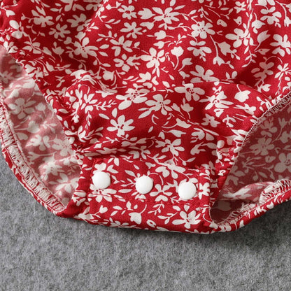 All Over Red Floral Print Off Shoulder Short-sleeve Shirred Dress for Mom and Me - 20366978