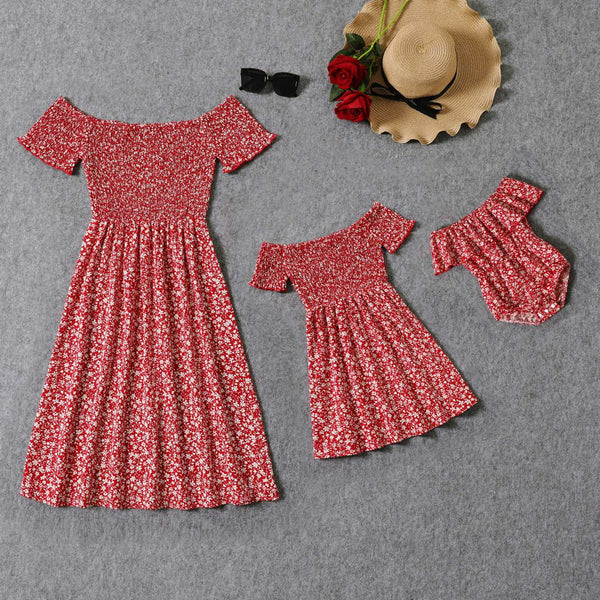 All Over Red Floral Print Off Shoulder Short-sleeve Shirred Dress for Mom and Me - 20366978