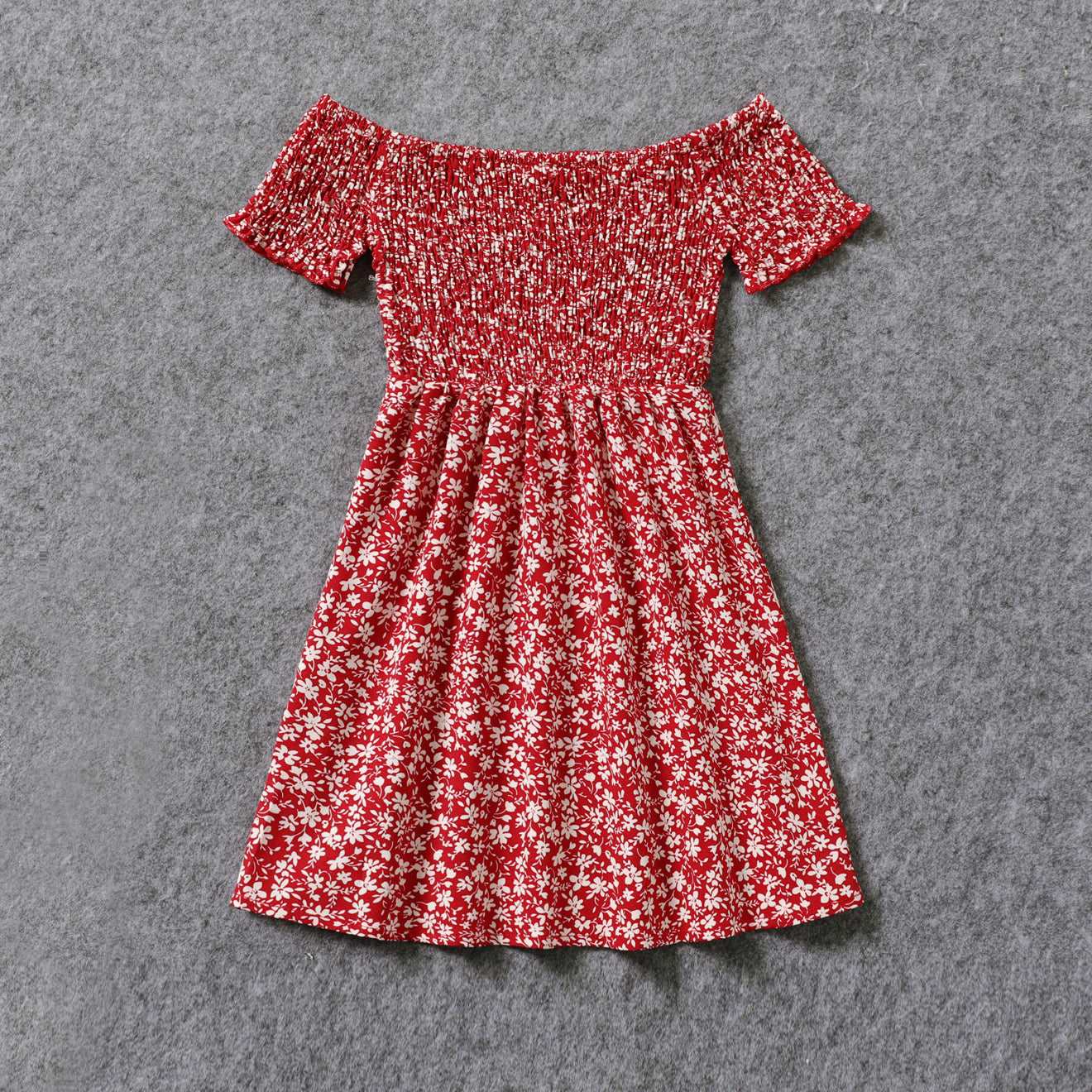 All Over Red Floral Print Off Shoulder Short-sleeve Shirred Dress for Mom and Me - 20366978