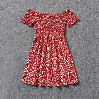 All Over Red Floral Print Off Shoulder Short-sleeve Shirred Dress for Mom and Me - 20366978