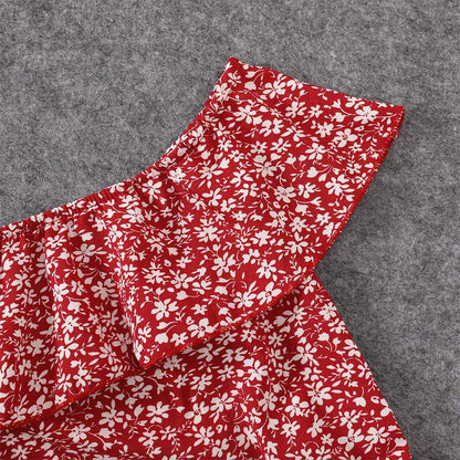 All Over Red Floral Print Off Shoulder Short-sleeve Shirred Dress for Mom and Me - 20366978