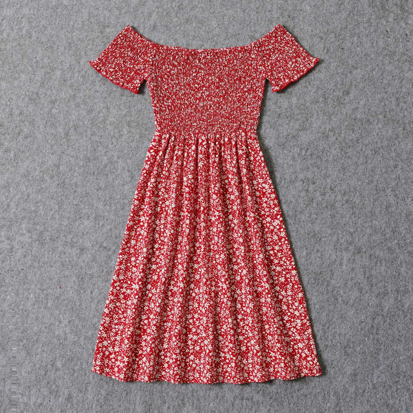 All Over Red Floral Print Off Shoulder Short-sleeve Shirred Dress for Mom and Me - 20366978