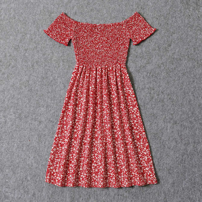 All Over Red Floral Print Off Shoulder Short-sleeve Shirred Dress for Mom and Me - 20366978
