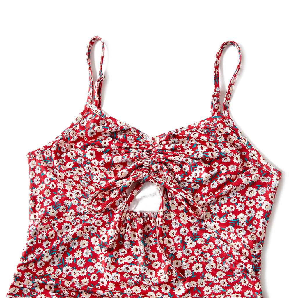 All Over Red Floral Print Spaghetti Strap Drawstring Ruched Bodycon Dress for Mom and Me - 20392744