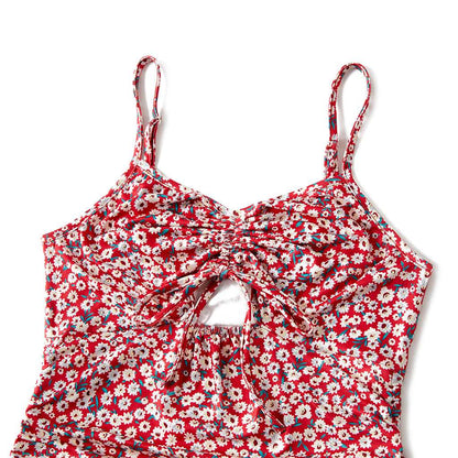 All Over Red Floral Print Spaghetti Strap Drawstring Ruched Bodycon Dress for Mom and Me - 20392744