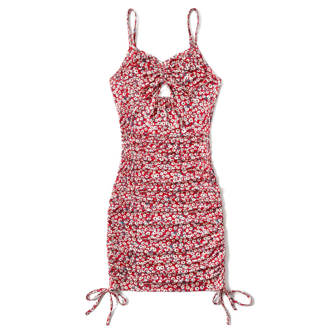 All Over Red Floral Print Spaghetti Strap Drawstring Ruched Bodycon Dress for Mom and Me - 20392744