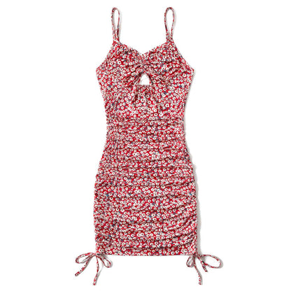 All Over Red Floral Print Spaghetti Strap Drawstring Ruched Bodycon Dress for Mom and Me - 20392744