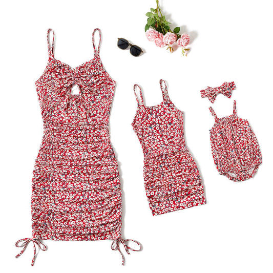 All Over Red Floral Print Spaghetti Strap Drawstring Ruched Bodycon Dress for Mom and Me - 20392744