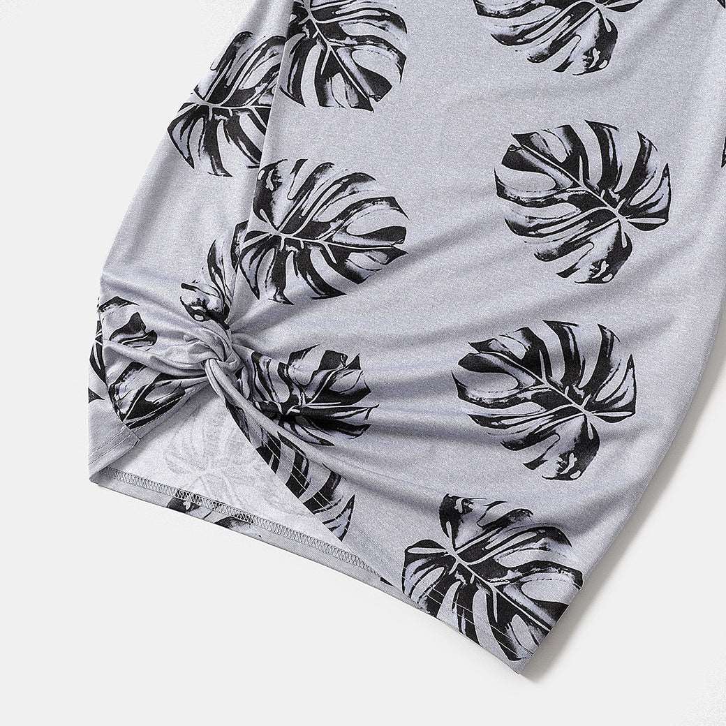 Allover Palm Leaf Print Grey Short-sleeve Twist Knot Bodycon Dress for Mom and Me - 20353804
