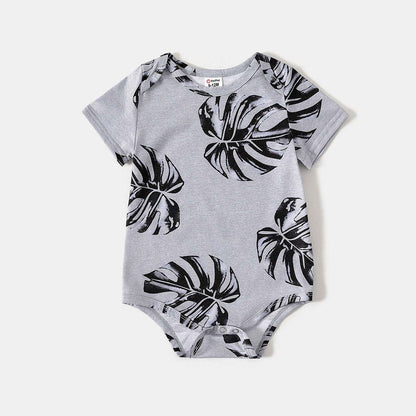 Allover Palm Leaf Print Grey Short-sleeve Twist Knot Bodycon Dress for Mom and Me - 20353804