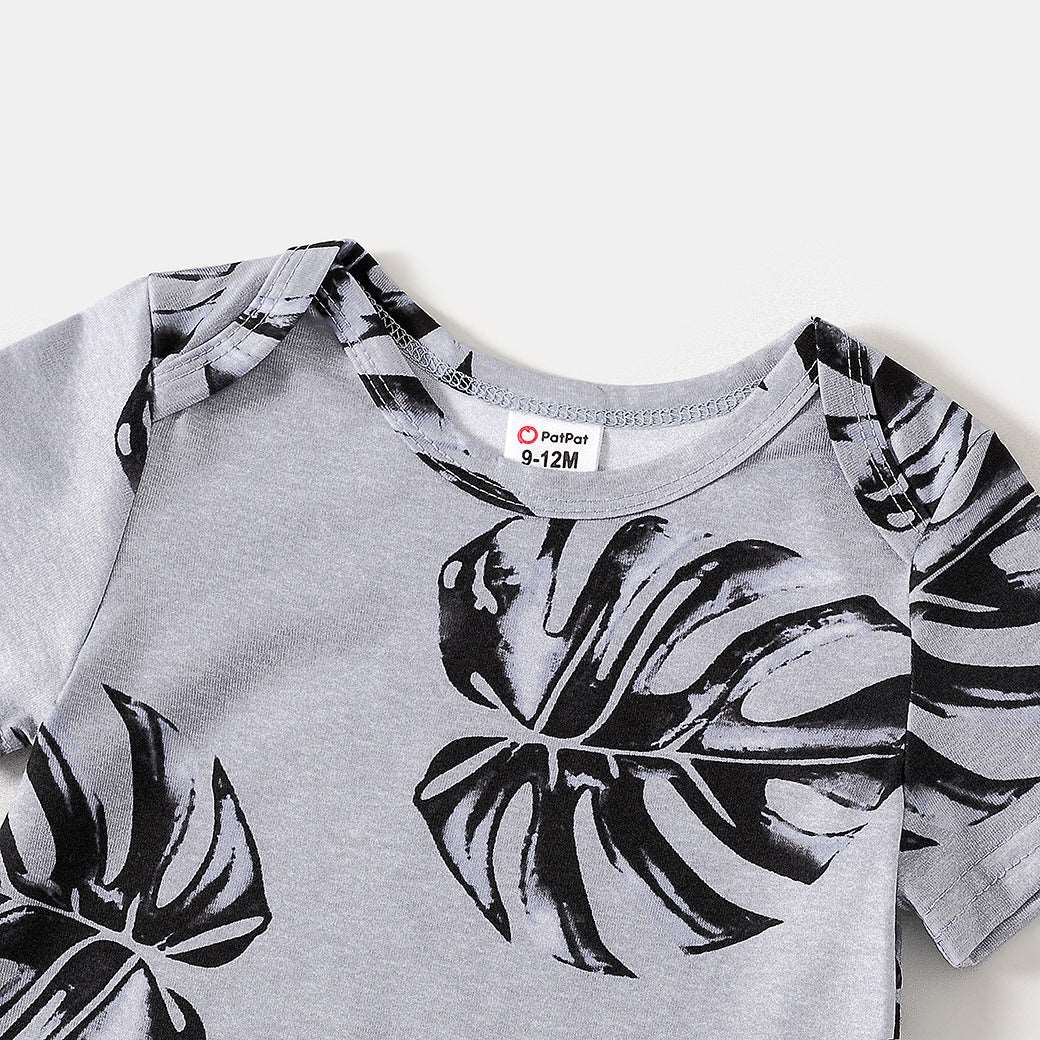 Allover Palm Leaf Print Grey Short-sleeve Twist Knot Bodycon Dress for Mom and Me - 20353804