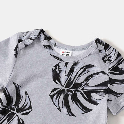 Allover Palm Leaf Print Grey Short-sleeve Twist Knot Bodycon Dress for Mom and Me - 20353804