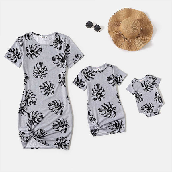Allover Palm Leaf Print Grey Short-sleeve Twist Knot Bodycon Dress for Mom and Me - 20353804