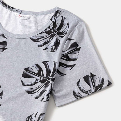 Allover Palm Leaf Print Grey Short-sleeve Twist Knot Bodycon Dress for Mom and Me - 20353804