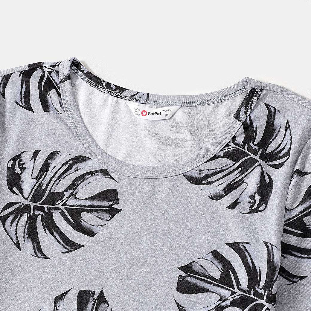 Allover Palm Leaf Print Grey Short-sleeve Twist Knot Bodycon Dress for Mom and Me - 20353804