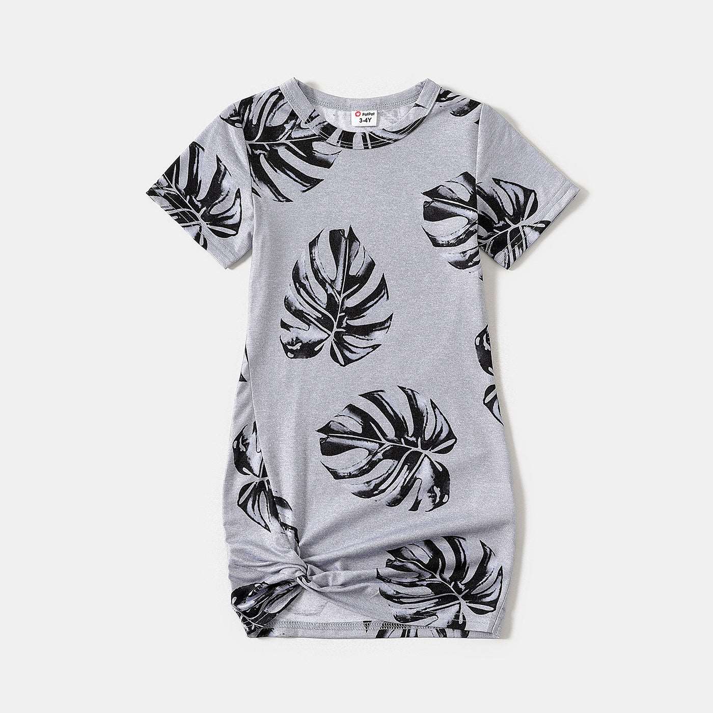 Allover Palm Leaf Print Grey Short-sleeve Twist Knot Bodycon Dress for Mom and Me - 20353804