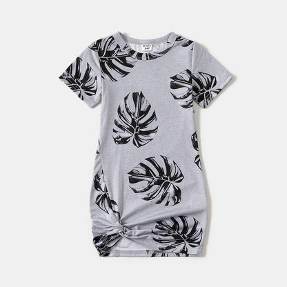 Allover Palm Leaf Print Grey Short-sleeve Twist Knot Bodycon Dress for Mom and Me - 20353804