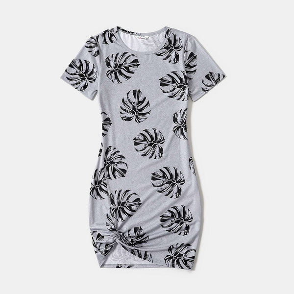 Allover Palm Leaf Print Grey Short-sleeve Twist Knot Bodycon Dress for Mom and Me - 20353804
