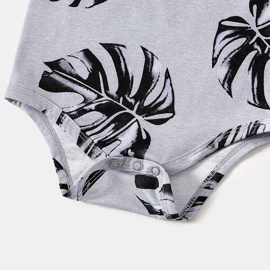 Allover Palm Leaf Print Grey Short-sleeve Twist Knot Bodycon Dress for Mom and Me - 20353804