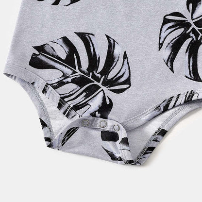 Allover Palm Leaf Print Grey Short-sleeve Twist Knot Bodycon Dress for Mom and Me - 20353804