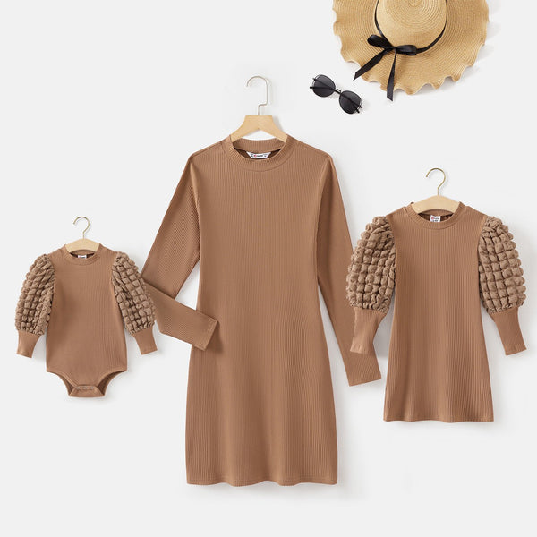 Basic Beige Knit Dresses Long Sleeve For Mom and Me - 20673882