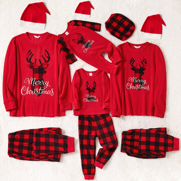 Christmas Deer and Letter Embroidered Red Family Matching Long-sleeve Thickened Polar Fleece Pajamas Sets (Flame Resistant) - 20098948