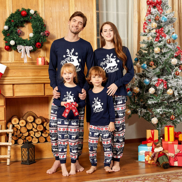 Christmas Deer and Letters Print Navy Family Matching Long-sleeve Pajamas Sets (Flame Resistant) - 19967178
