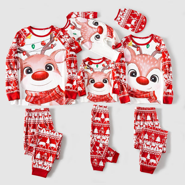 Christmas Deer & Lights Print Red Family Matching Raglan-sleeve Pajamas Sets (Flame Resistant) - 20483813