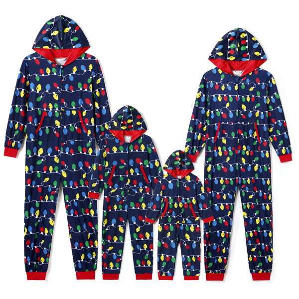 Christmas Family Matching Allover Colorful String Lights Print Zipper Long-sleeve Hooded Onesies Pajamas (Flame Resistant) - 20505260