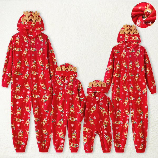 Christmas Family Matching Allover Deer Print 3D Antler Hooded Long-sleeve Red Thickened Polar Fleece Onesies Pajamas (Flame Resistant) - 20525272