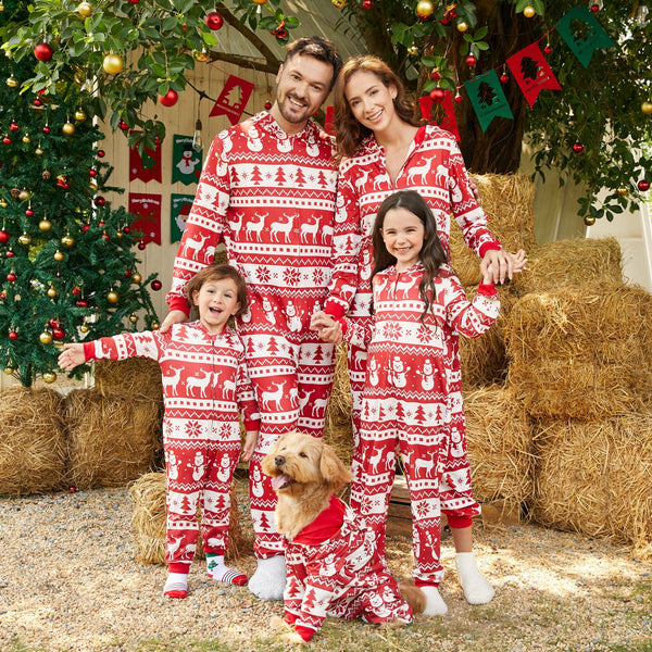 Christmas Family Matching Allover Red Print Long-sleeve Hooded Zipper Onesies Pajamas Sets (Flame Resistant) - 20507891