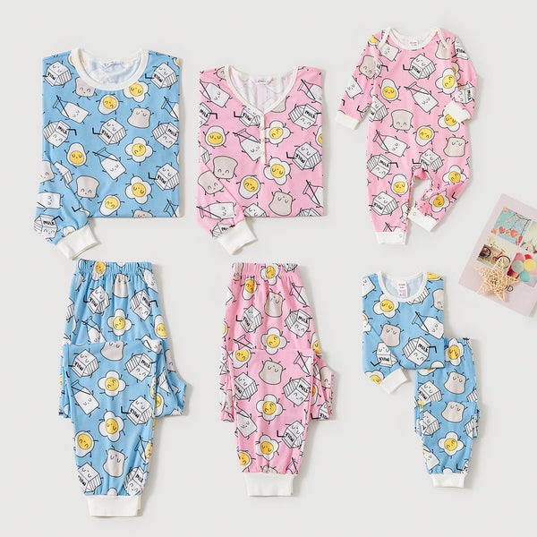 Christmas Family Matching Cute Cartoon Milk Boxes and Eggs Allover Print Long-sleeve Pajamas Sets (Flame Resistant) - 20713930