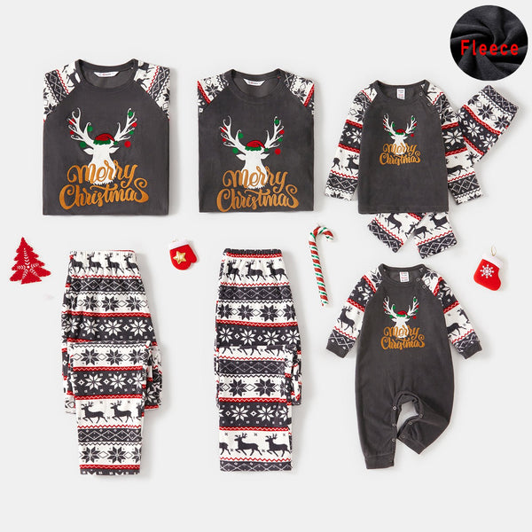 Christmas Family Matching Deer & Letter Embroidered Raglan-sleeve Thickened Polar Fleece Pajamas Sets (Flame Resistant) - 20500882