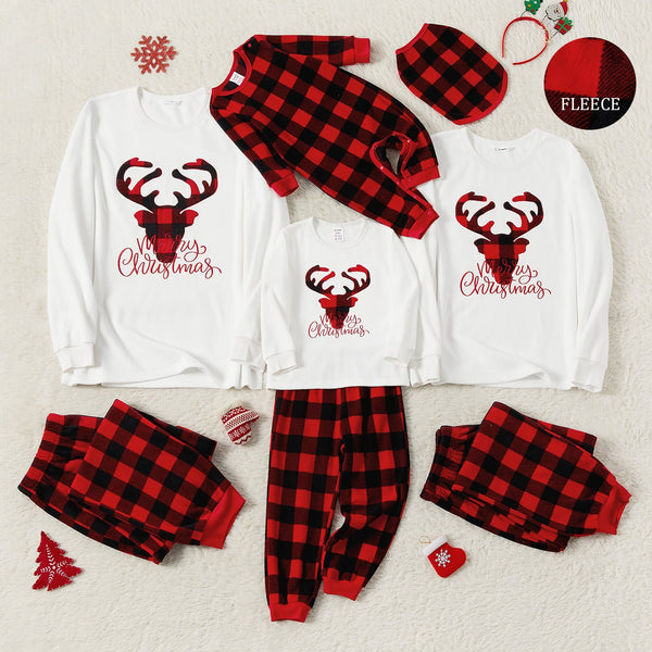 Christmas Family Matching Deer & Letter Embroidered Thickened Polar Fleece Long-sleeve Red Plaid Pajamas Sets (Flame Resistant) - 20519323