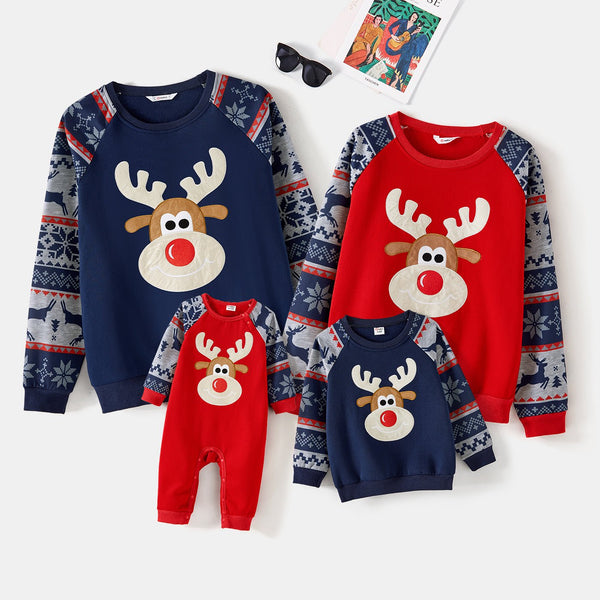 Christmas Family Matching Fleece Lined Raglan-sleeve Reindeer Embroidered Sweatshirts - 20537948