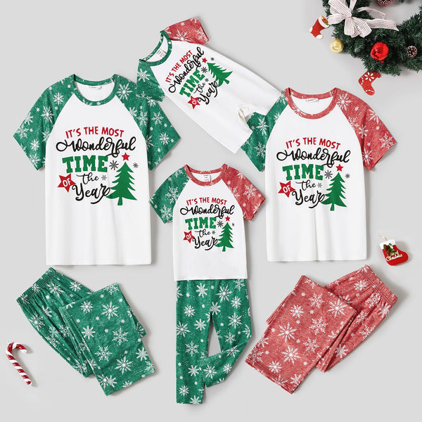 Christmas Family Matching Letter and Christmas Tree Print Long-sleeve Red Pajamas Sets (Flame Resistant) - 20532401