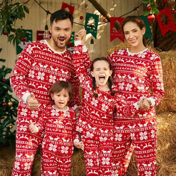 Christmas Family Matching Long-sleeve Allover Deer & Snowflake Print Red Thickened Polar Fleece Pajamas Sets (Flame Resistant) - 20498053