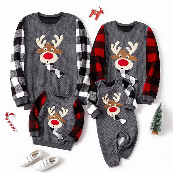 Christmas Family Matching Plaid Long-sleeve Spliced Reindeer Graphic Textured Sweatshirts - 20507450