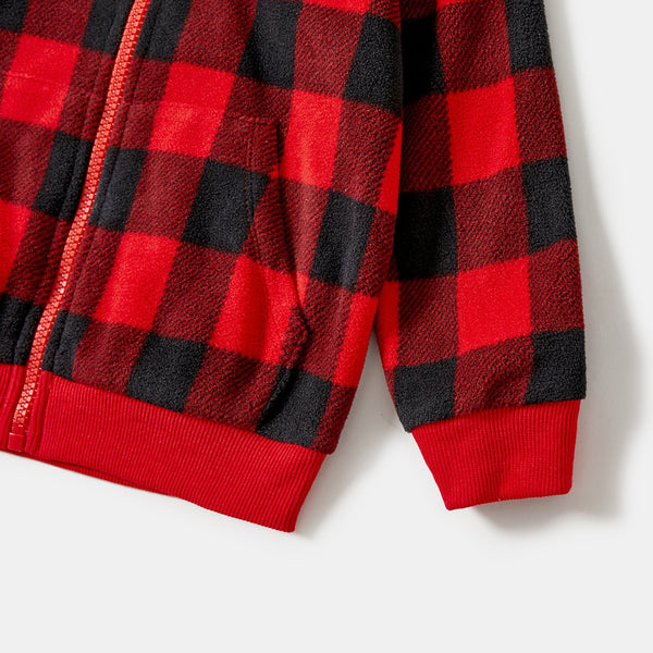 Christmas Family Matching Red and Black Plaid Hooded Drawstring Fleece Long-sleeve Coat Top - 20713356