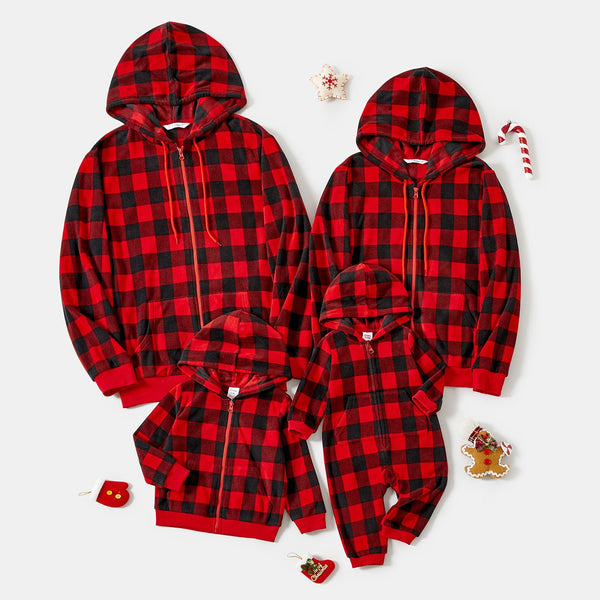 Christmas Family Matching Red and Black Plaid Hooded Drawstring Fleece Long-sleeve Coat Top - 20713356