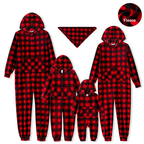 Christmas Family Matching Red Plaid Hooded Long-sleeve Thickened Polar Fleece Zipper Onesies Pajamas (Flame Resistant) - 20517202