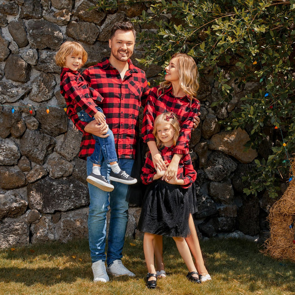 Christmas Family Matching Red Plaid Long-sleeve Button Up Shirts and Mesh Skirts Sets - 20494189