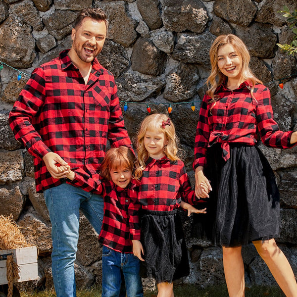 Christmas Family Matching Red Plaid Long-sleeve Button Up Shirts and Mesh Skirts Sets - 20494189