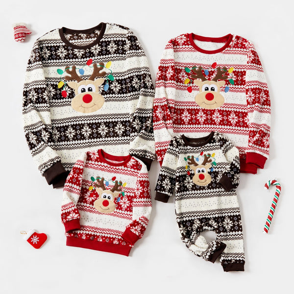 Christmas Family Matching Reindeer Embroidered Allover Pattern Long-sleeve Fuzzy Flannel Tops - 20529521