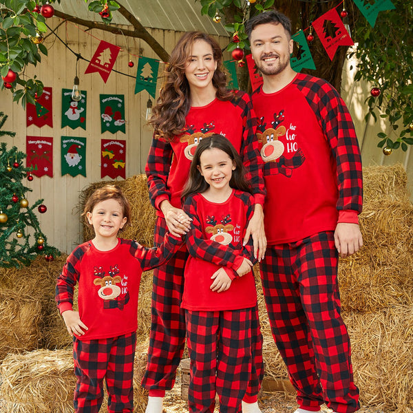 Christmas Family Matching Reindeer Embroidered Red Plaid Raglan-sleeve Thickened Polar Fleece Pajamas Sets (Flame Resistant) - 20491774