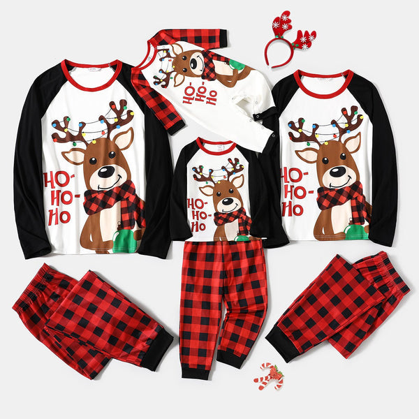 Christmas Family Matching Reindeer & Letter Print Ragaln-sleeve Red Plaid Pajamas Sets (Flame Resistant) - 20504051