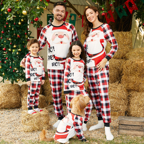 Christmas Family Matching Santa & Letter Print Red Plaid Raglan-sleeve Pajamas Sets (Flame Resistant) - 20493246