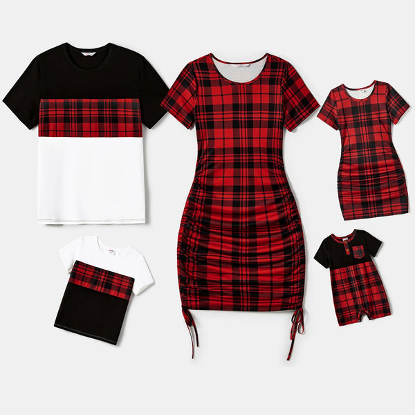 Christmas Family Matching Short-sleeve Bodycon Drawstring Plaid Dress and Contrast Top Sets (Flame Resistant) - 20674476